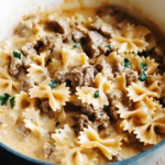 Cheesy Beef And Bowtie Pasta In Garlic Butter