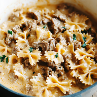 Cheesy Beef And Bowtie Pasta In Garlic Butter