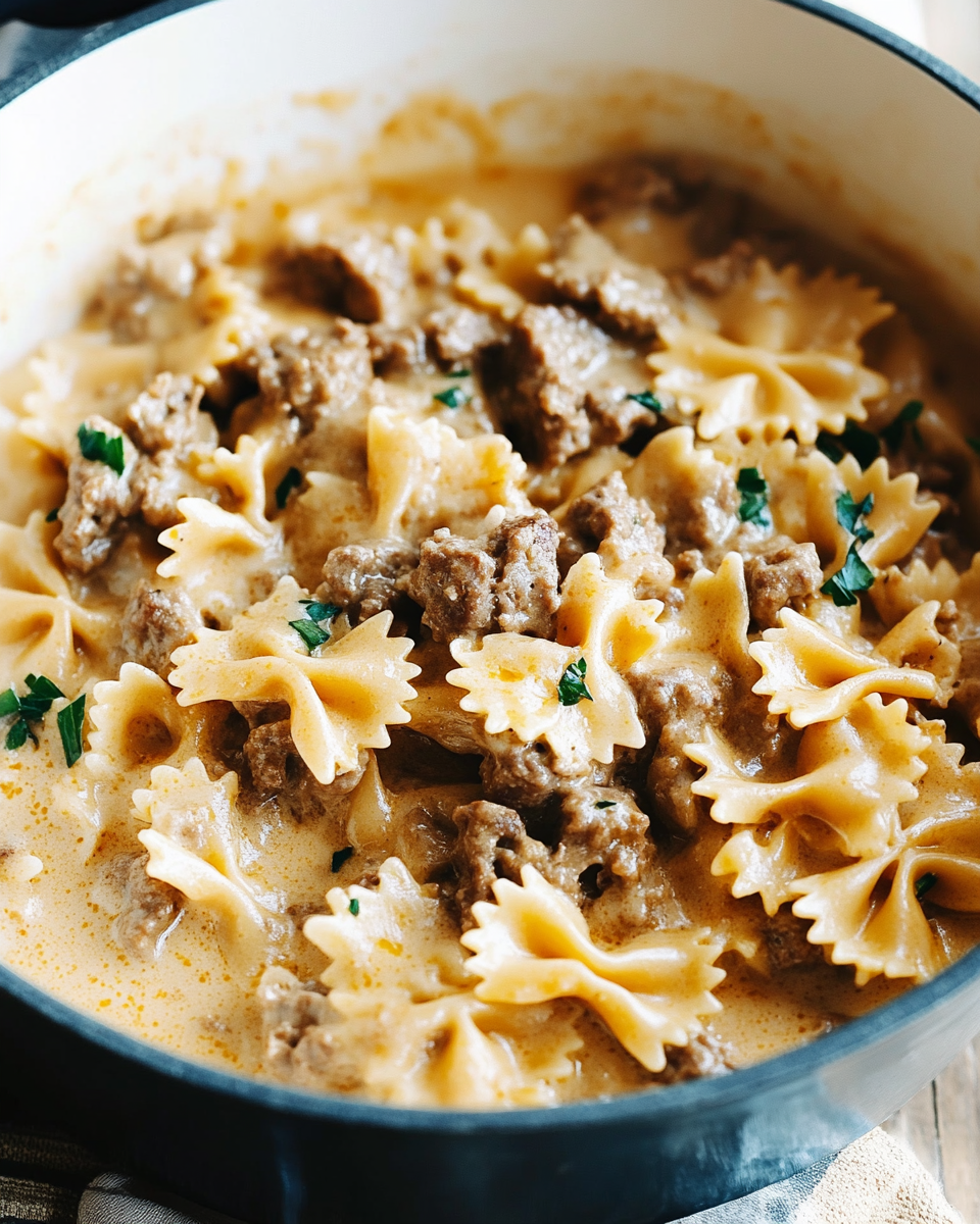 Cheesy Beef And Bowtie Pasta In Garlic Butter