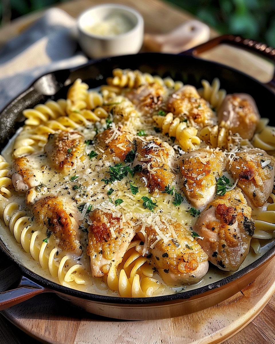 Creamy Garlic Butter Chicken and Rotini in Parmesan Sauce