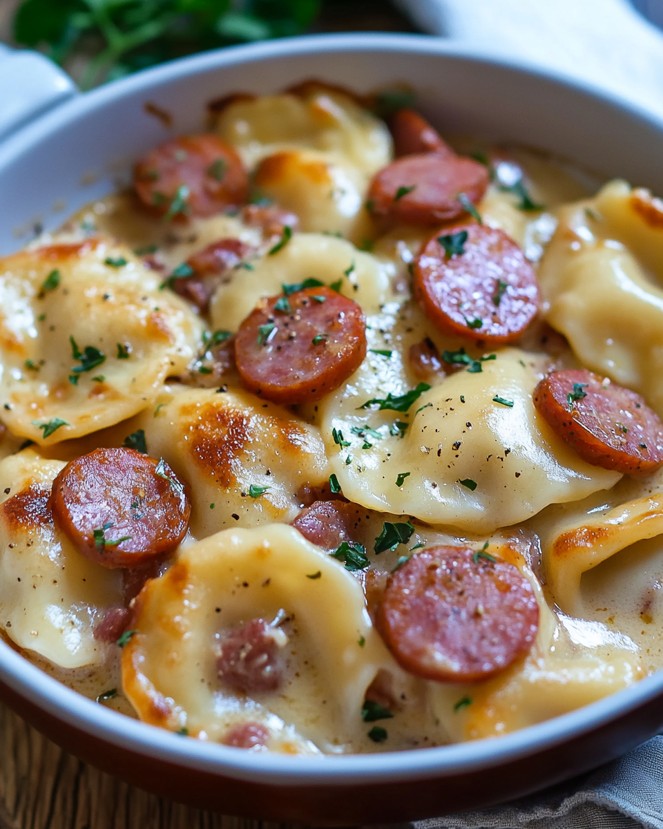 Crockpot Pierogi Casserole with Kielbasa