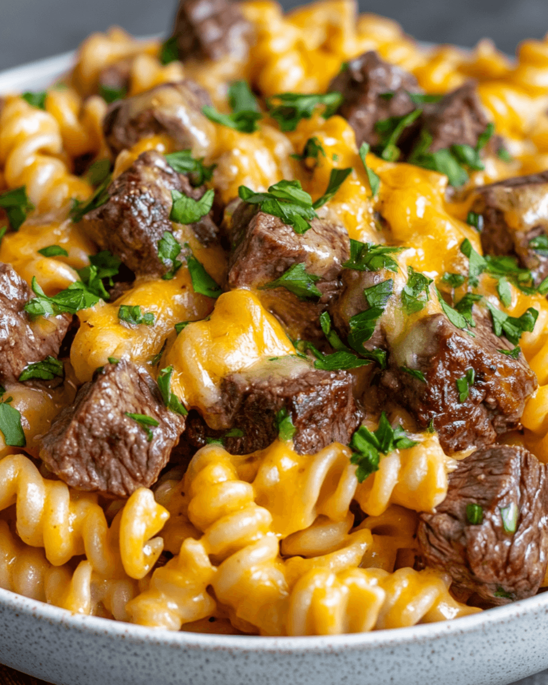 Cheesy Steak Bites and Rotini Pasta