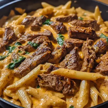 Skillet Creamy Spicy Cajun Steak & Cheddar Pasta