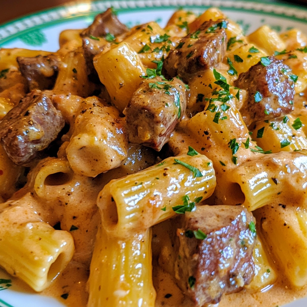 Creamy Buffalo Garlic Butter Steak Bites Pasta 2