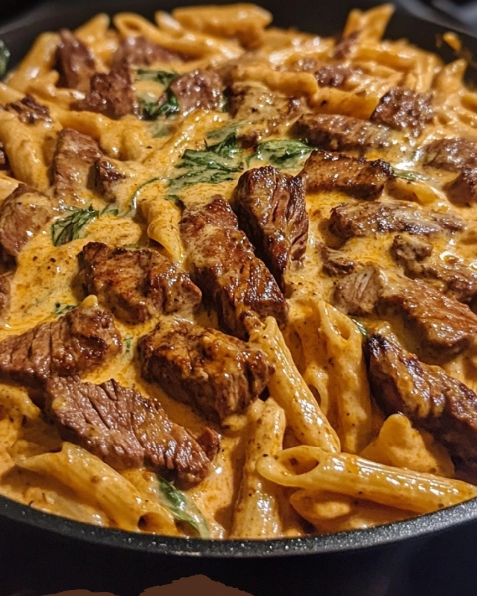 Skillet Creamy Spicy Cajun Steak Cheddar Pasta Recipe
