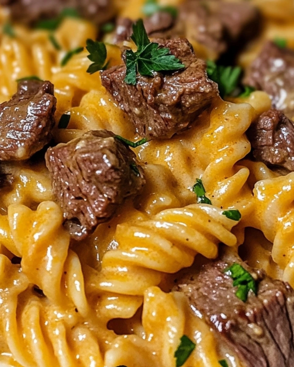 Cheesy Steak Bites and Rotini Pasta