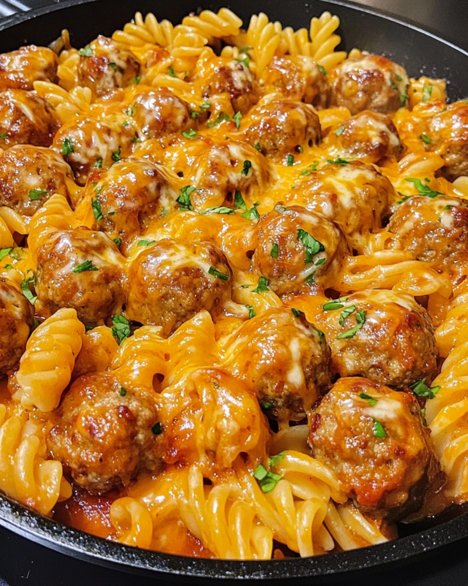 BBQ Ranch Meatball Cheddar Pasta Skillet