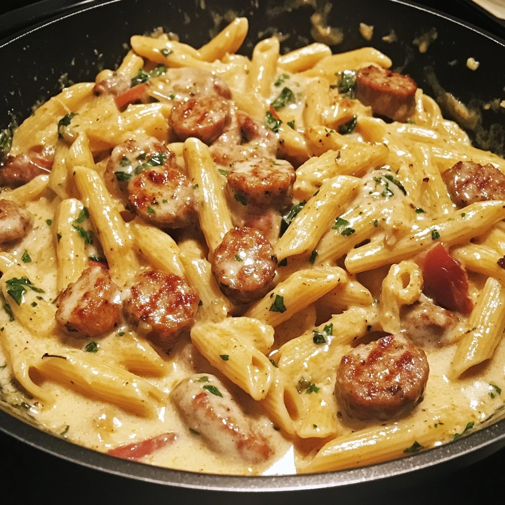 One Skillet Sticky Garlic Butter Cajun Sausage Pasta 1