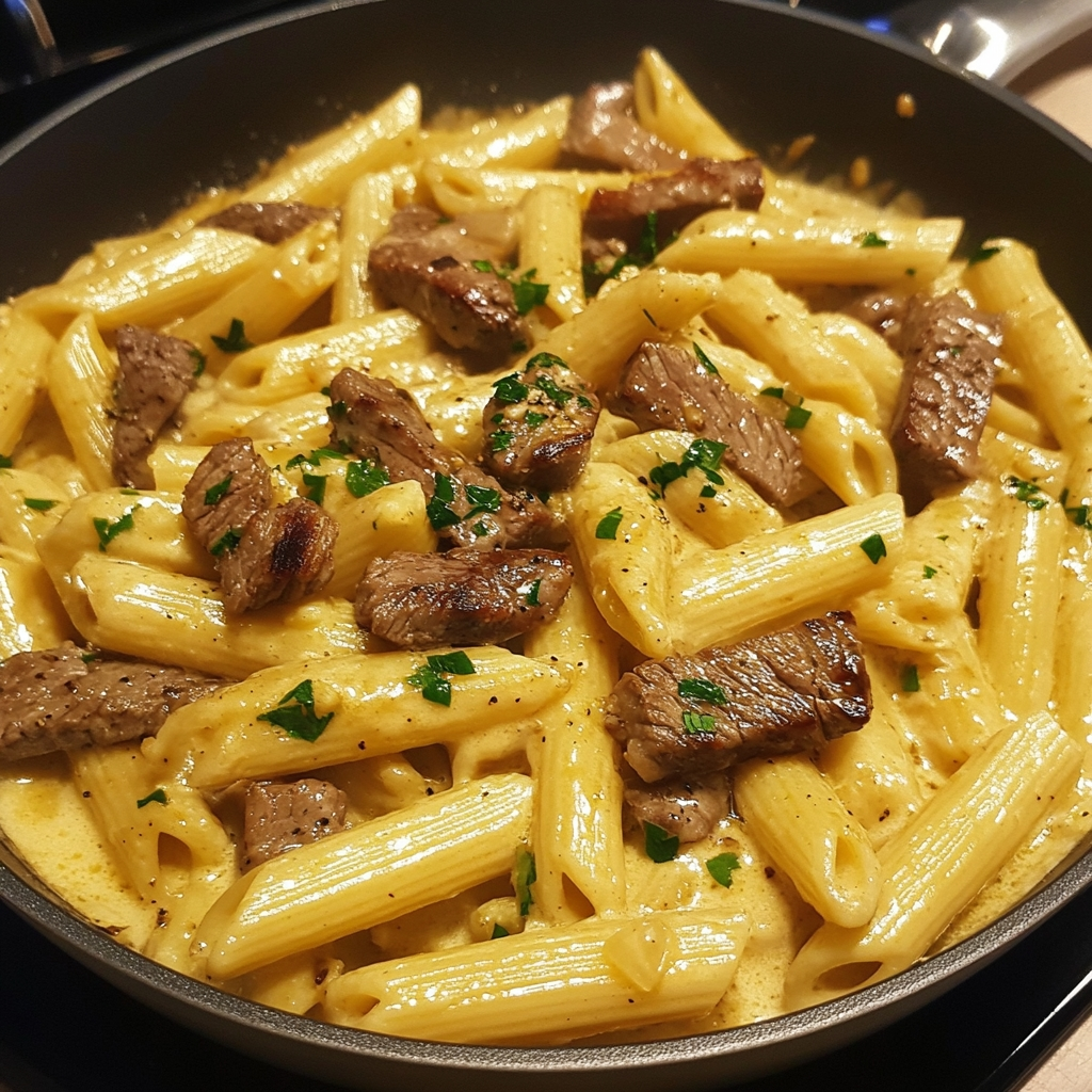Skillet Creamy Garlic Honey Butter Steak Pasta 1